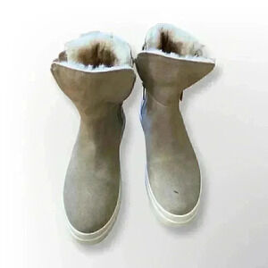 J slides of New York tan leather boots with faux fur lining- size 7
